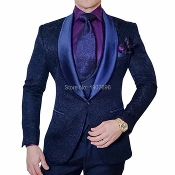 

Navy Blue Slim Fit Men Suits for Wedding Prom Stage Shawl Lapel Casual 3 Piece Man Set Jacket Pants Vest Groom Tuxedos