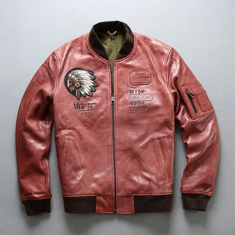

AVIREX FLY pattern motorcycle leather jacket men import thick sheepskin Indian chief embroidery biker jacket baseball coat male