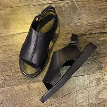 Модные летние сандалии-гладиаторы из натуральной кожи на плоской подошве с открытым носком черного цвета,, пляжная обувь