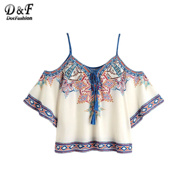 Skup Dotfashion Aztec Print Boho Lato Bluzki Bluzka 2017 Kobiet W Stylu Vintage Lace Up Zimno Ramię Mody Sexy Tribal Bluzka Z Kr oacute;tkim Rękawem
