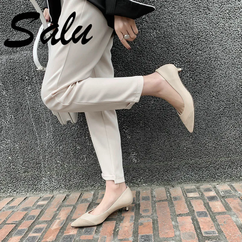 

Salu Women Pumps Low Heels Real Cow Leather Pumps Simple Fashion Party Wedding Office Shoes