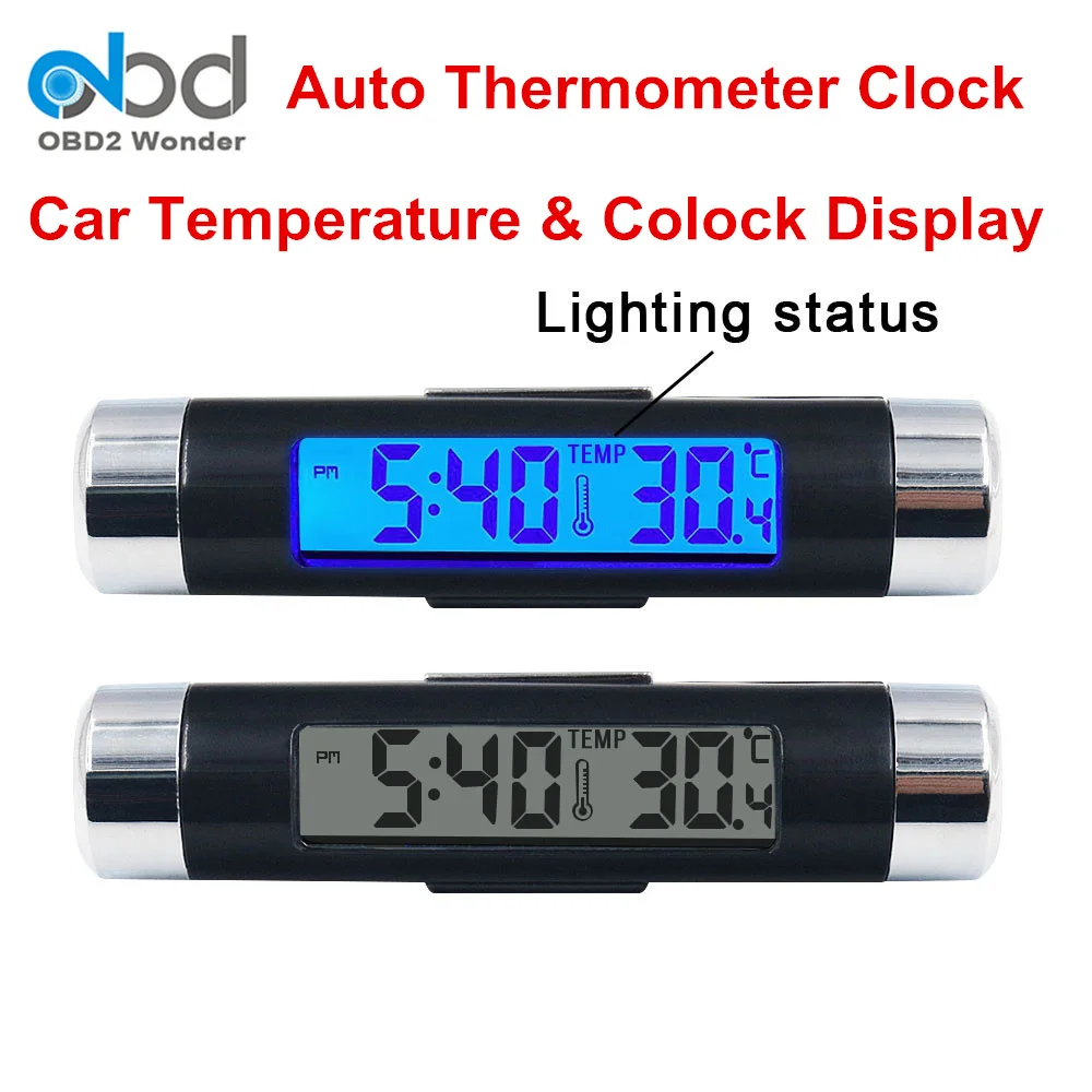 Digital Auto Thermometer Clock LCD Display Car Temperature Time Scanner Automobile Air Vent Clip Thermometer Blue Back Light LCD