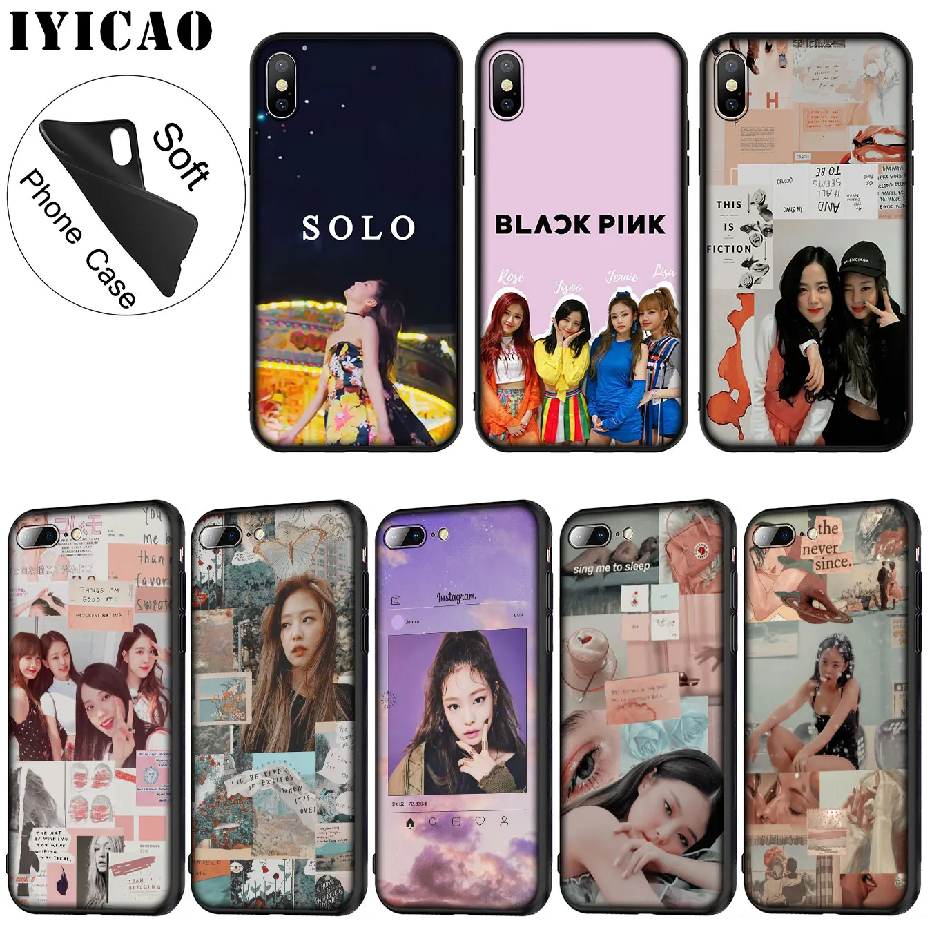 

IYICAO jennie BLACKPINK Soft Silicone Phone Case for iPhone XR X XS Max 6 6S 7 8 Plus 5 5S SE TPU Black Cover