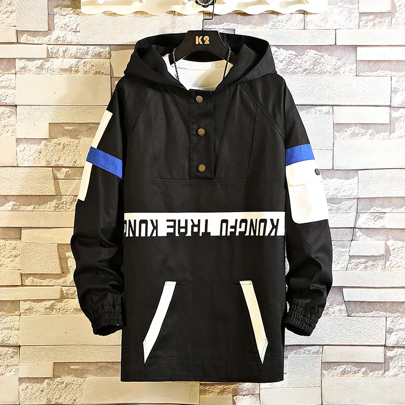 

High Quality Pullover Jacket Men Autumn New Plus Size Loose Mens Casual Jackets Long Sleeve Patchwork Color Hooded Jackets Men