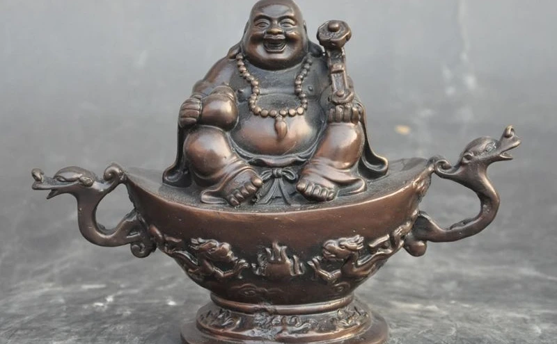 

chinese buddhism bronze dragon yuanbao wealth Maitreya buddha ruyi lucky statue