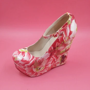 

Flower Women Pumps Wedges With Thick Platform Round Toe Ankle Strap Ladies Shoes Wedge High Heels Real Photo Pumps For Ladies
