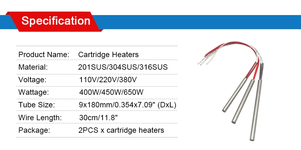 LJXH 2 шт. нагреватель картриджа Нагревательный элемент 400 Вт/450 Вт/650 Вт 110 В/220 В/380 В одна голова Отопление трубы 9x180 мм