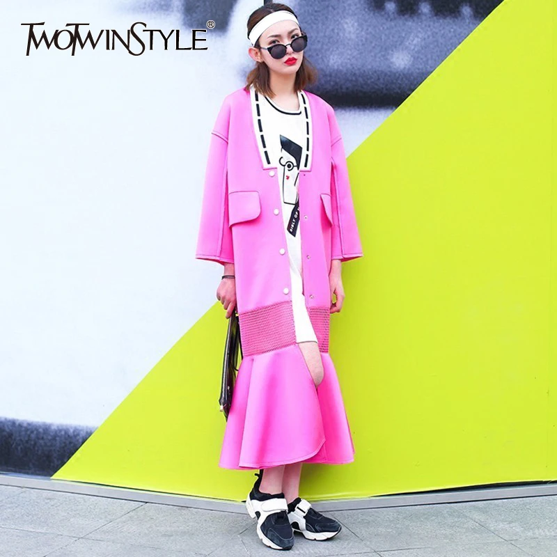 TWOTWINSTYLE Patchwork Mesh Trench Coats Female Fishtail Long Windbreaker Cardigan Women Clothing Space Cotton Fashion