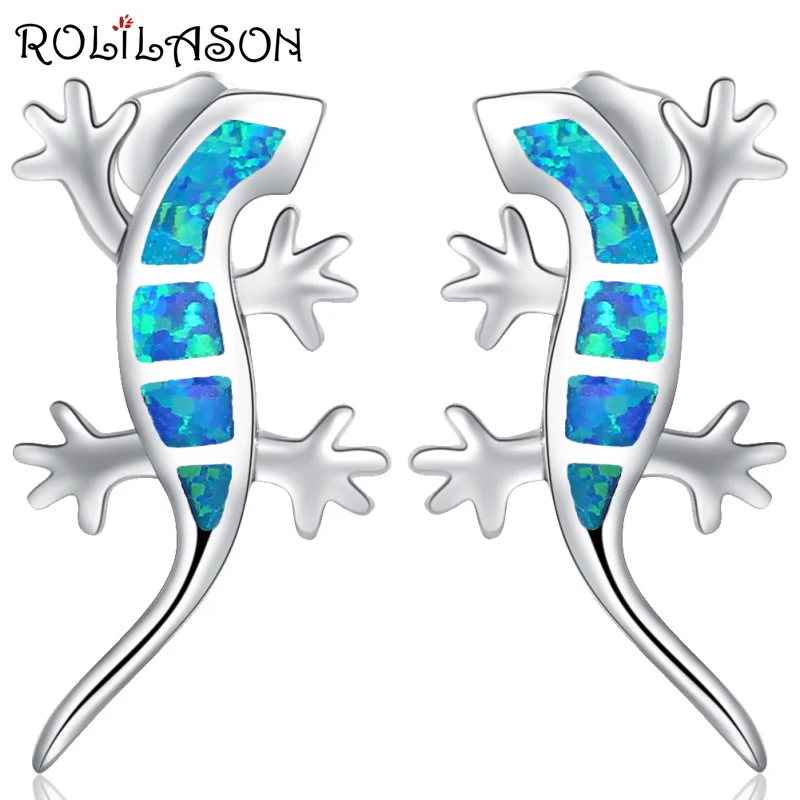 

ROLILASON Party gift Cute animal gecko style desgin white fire opal silver stamped for girl fashion jewelry OE721