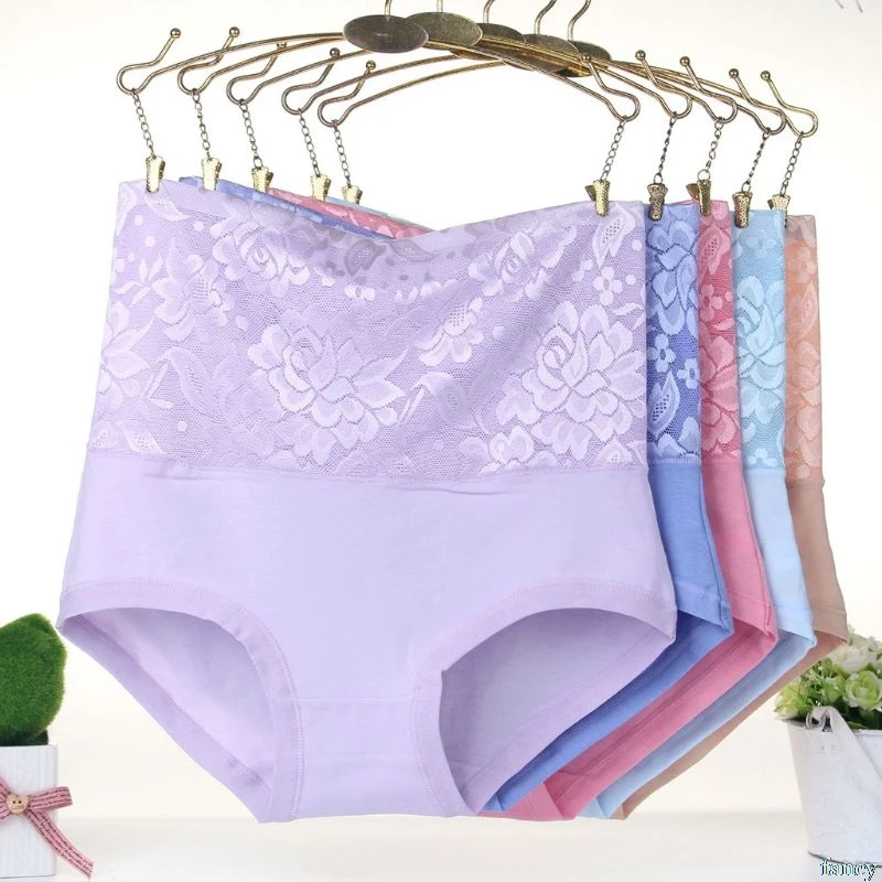 Womens Plus Size Cotton Underwear Floral Lace Patchwork Solid Color Panties High Waist Body Shaper Briefs Postpartum Beauty Care