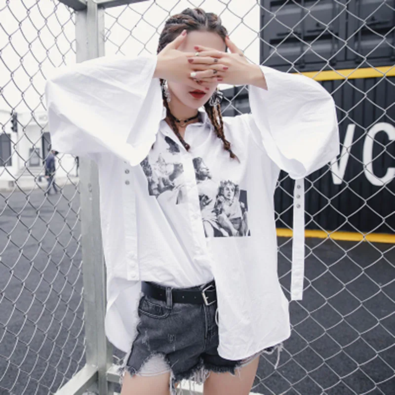 Повседневная Свободная Женская рубашка с длинным рукавом, белая блузка Harajuku с динамиком, уличная одежда в стиле хип-хоп, Женские топы и блузки 50D49 - Цвет: White