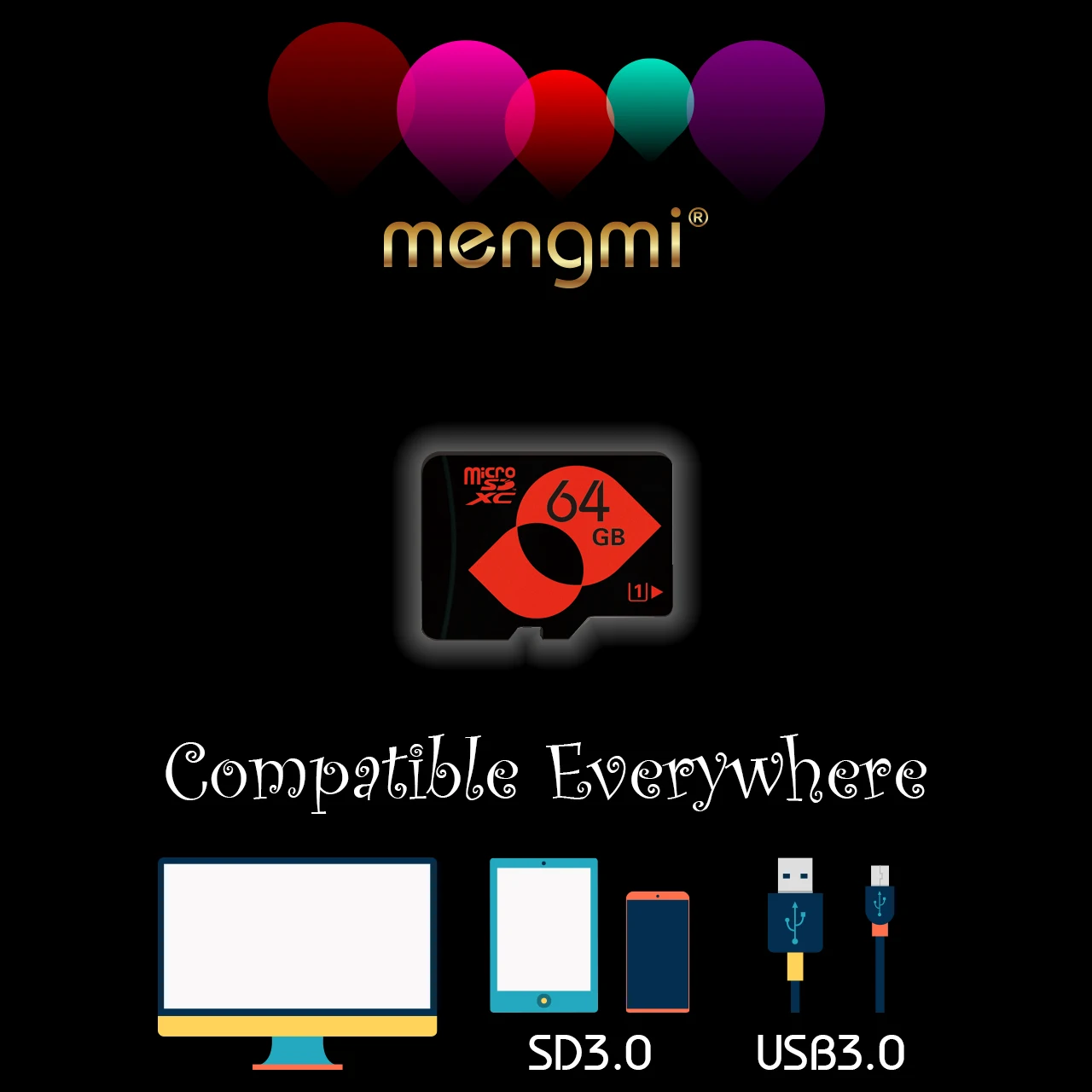 Карта памяти MENGMI microSDXC, класс 10, 64 ГБ, UHS-I(U1/U3), TF/флэш-карта, micro SD карта с бесплатным адаптером для дрона/планшета
