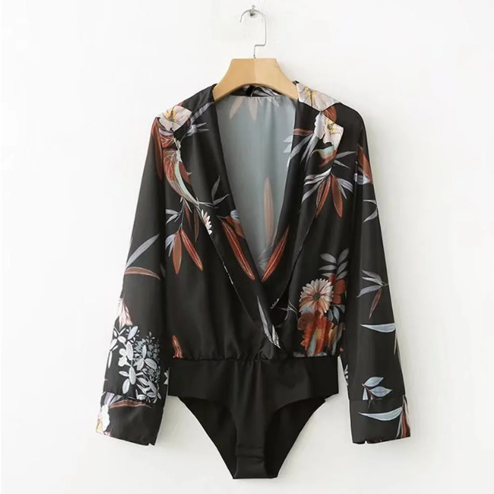 

ANSFX Sexy Floral Print Deep V-Neck Lapel fit Romper Body Siamese Bodysuit Playsuits Long Sleeve Casual Women Black Undershirt