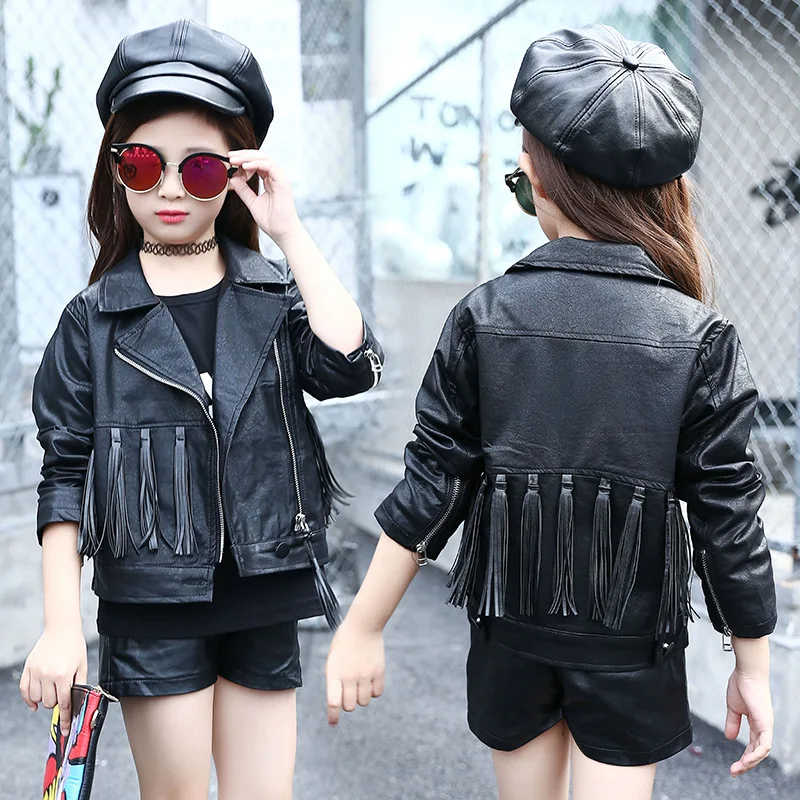 

Jacket for teen girls Children Faux Leather Tassel Jersey Kids zipper jaqueta menina bolero Outerwear bomber for girls Clothing