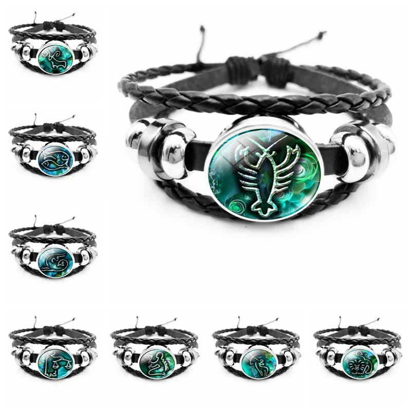 

Heat! New Fashion Retro Green 12 Constellation Bracelet Glass Convex Men and Women Charm Jewelry Bracelet