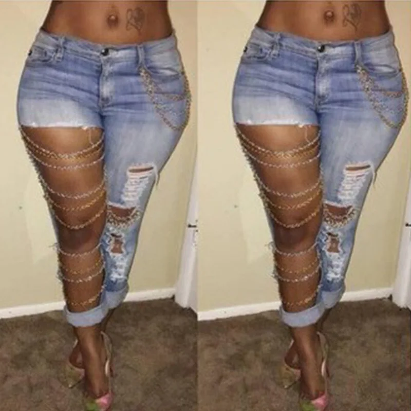 Новые летние пикантные отверстие цепочка на джинсы для женщин рваные мотобрюки бисер узкие джинсы стрейч Bodycon женские узкие джинсовые