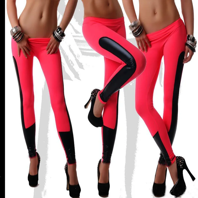 

Women 'S Spring, Summer Pencil Pants Elastic Candy Color Stitching Faux Leather with Ray of European And American Foreign Trade