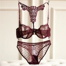 Комплект с бюстгальтером кружевное белье ультра тонкая передняя застежка балконет Racerback вышивка ремень искушение Прозрачное нижнее белье комплект