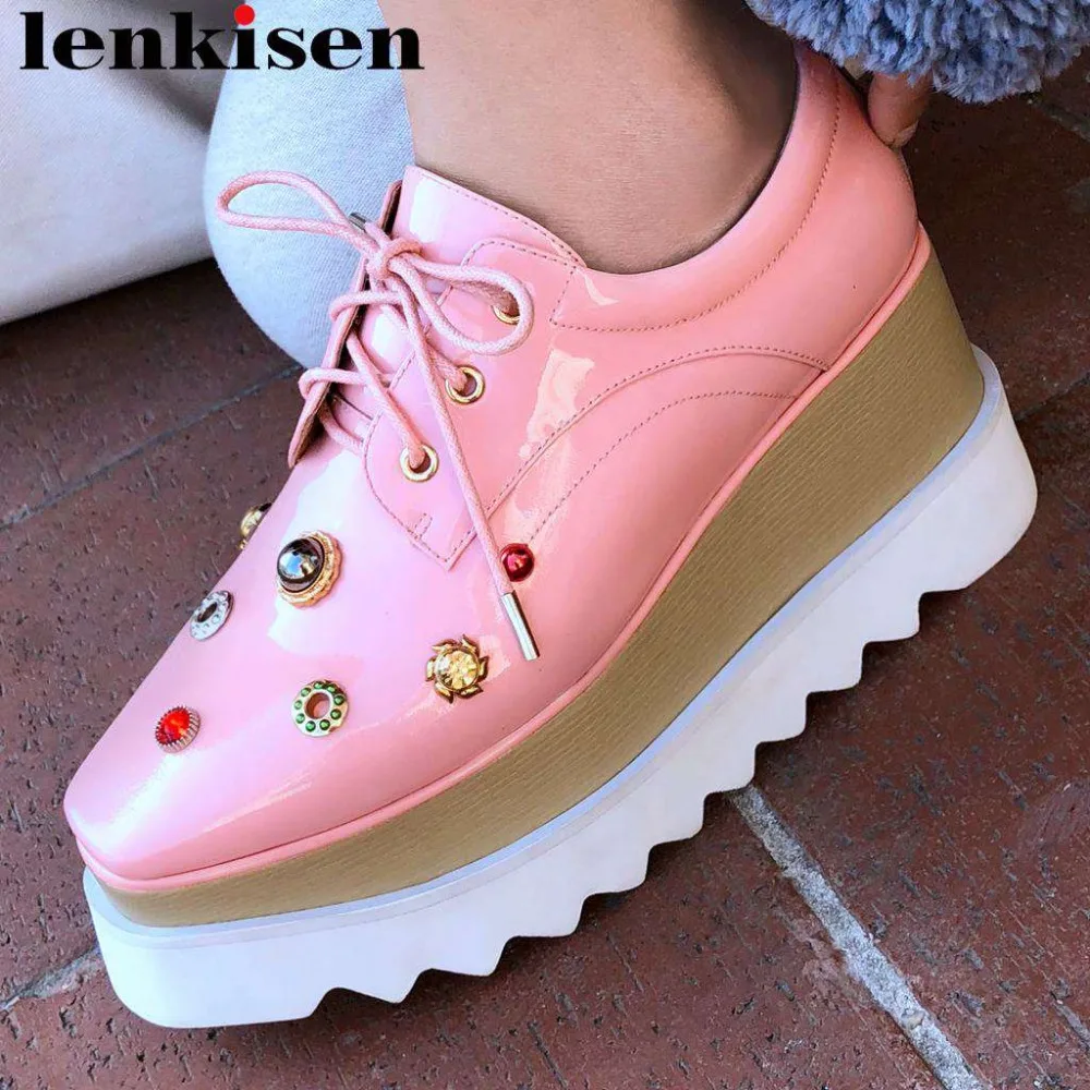 

Lenkisen luxury full grain leather wedges high heels platform crystals rivets decoration punk style lace up runway pumps L18