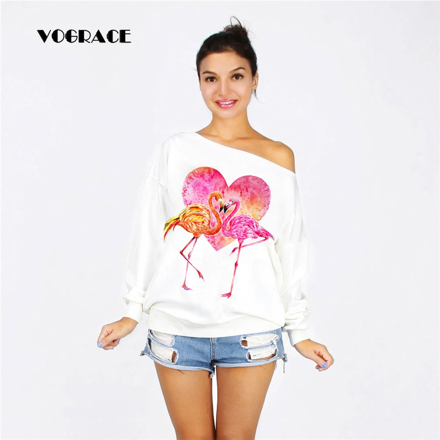 

VOGRACE Christmas Style Women 3d Sportswear Sweatshirt Print Off-The-Shoulder Flamingo Love Pink Hoodie Hooded Dress Top Hoody