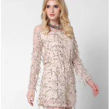 Europe and the United States women's new long sleeved collar strapless dress sexy clothing sequined tassels