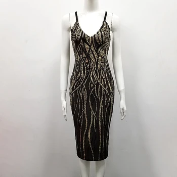 

Black Sexy V Neck Knee Length Bandage Dress Thick Rayon Bodycon 2018 summer Designer Elegant Party Dress D-47