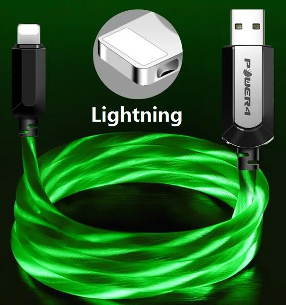 Power4 Светящиеся USB кабели для Lightning/Micro/usb type-C провода для iPhone зарядный кабель освещение для samsung S9 plus/Apple 5 6 7 - Цвет: Lightning-Green