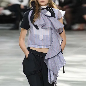 

High Quality Women's 2019 Summer Organza Stitching Layered Sense Asymmetric Ruffled Streamers Stand Collar Striped Shirt Women
