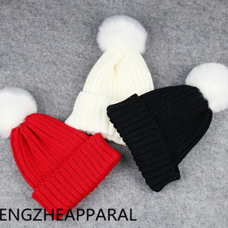 Hot autumn winter knit wool baby hat Korean children solid color candy color cap with ball top girls warm beanies head wear