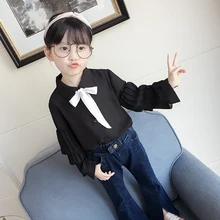 Дети Обувь для девочек Классическая мода Кружево рукавом черный, белый цвет с бантом Элегантная блузка Рубашки для мальчиков Детская одежда