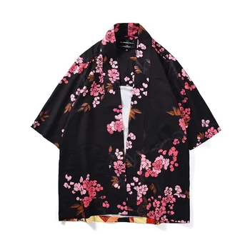 

Men and women couple loose thin shirt printed kimono cardigan 3/4 sleeve jacket