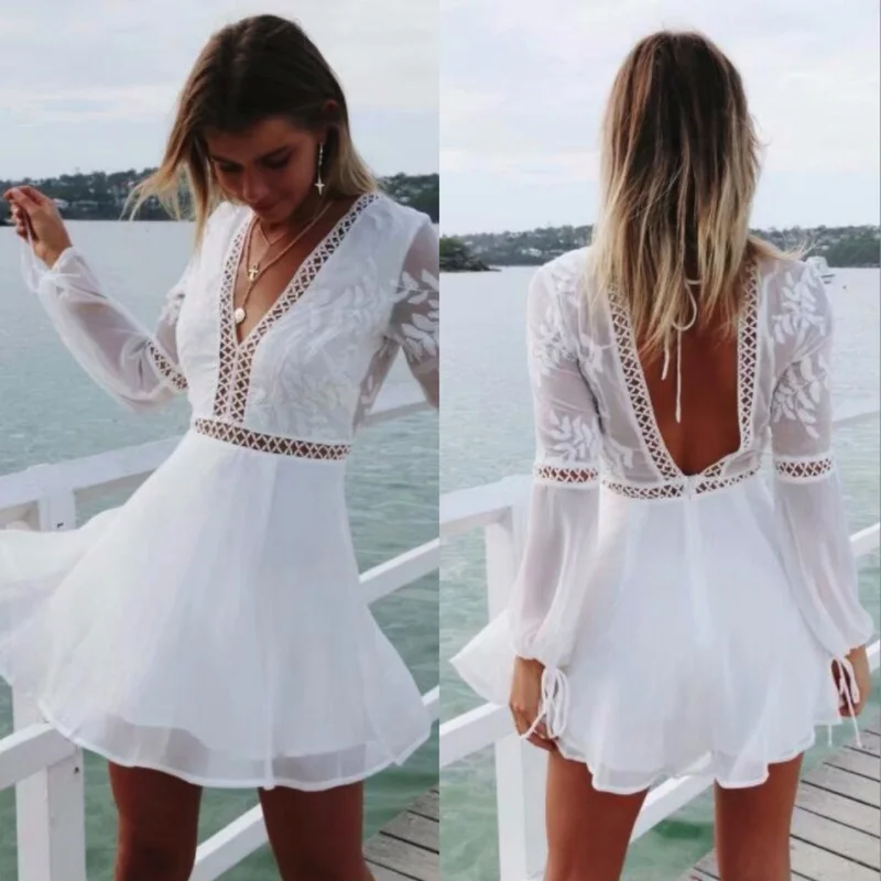 

ZOGAA Casual White Dress Female Hollow Out Backless V Neck Sexy Lace Summer Dress Women Long Sleeve Midi Beach Vestidos 2019