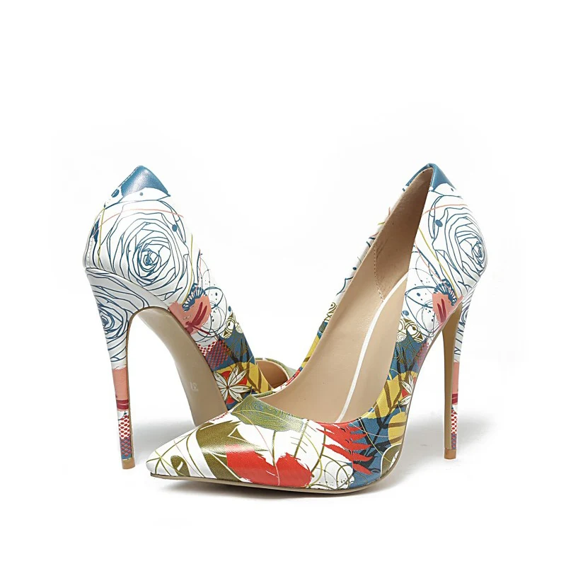 New 12cm Heels Women Pumps Sexy Pointed Toe Print High Heels Mixed Fashion Colors Thin Heels Office Lady Shoe