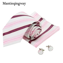 Mantieqingway модный белый+ розовый полосатый Свадебный галстук набор для мужчин 8,5 см галстук для жениха полиэстеровый принт Карманный квадратный+ Запонки Набор
