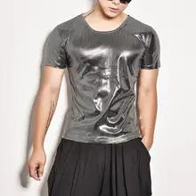 Круглый воротник мужской рубашки модные сценические мужские рубашки с коротким рукавом Slim Fit Мужские рубашки певица звезда стильное платье серебристого цвета