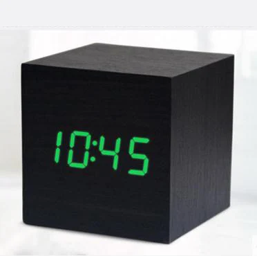 Mini Cube Wooden Clock Voice Control Electronic Table Clock LED Digital Desk Watch Nixie Radio For Children Bedside Alarm Clock - Цвет: Wooden green