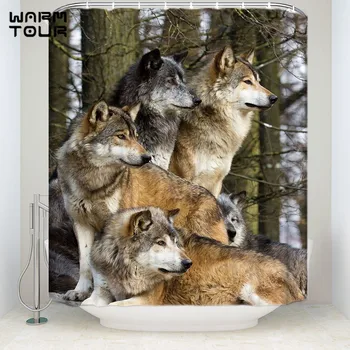 

Extra Long Fabric Bath Shower Curtains Wolf Family Mildew-resistant Bathroom Decor Sets with Hooks 72" x 96"