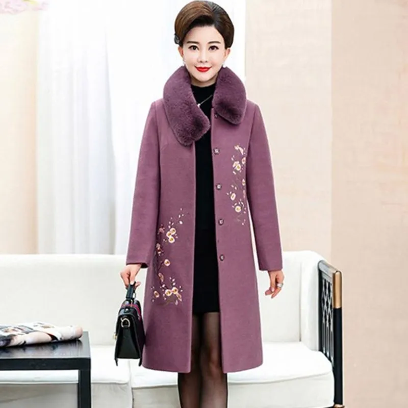 UHYTGF L-5XL, зимнее шерстяное пальто для женщин, Модный меховой воротник, вышивка, элегантная женская шерстяная куртка, тонкая женская верхняя одежда, большие размеры, 130 - Цвет: Light purple