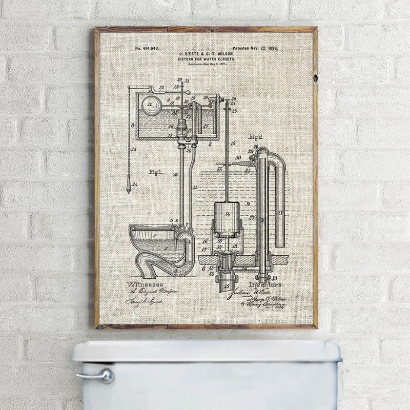 Бачок для туалета, запатентованный винтажный рисунок, плакат и принт, для ванной комнаты, для туалета, настенное искусство, холст, живопись, Декор, знак туалета, плакаты для туалета