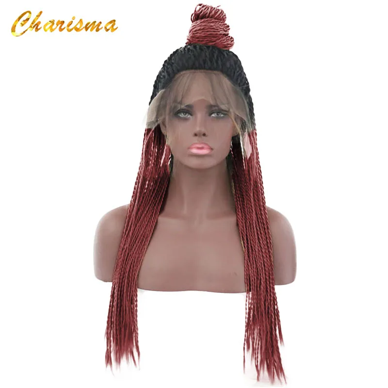 Парики из синтетического Омбре Charisma, парик из кружева, длинные две косички, парик из кружева спереди для черных женщин, красные парики