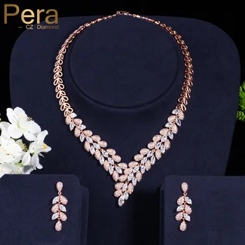 

Pera Luxury Dubai Women Wedding Set Big Cubic Zirconia Stone Leaf Shape Long Drop Necklace And Earrings For Brides Jewelry J246