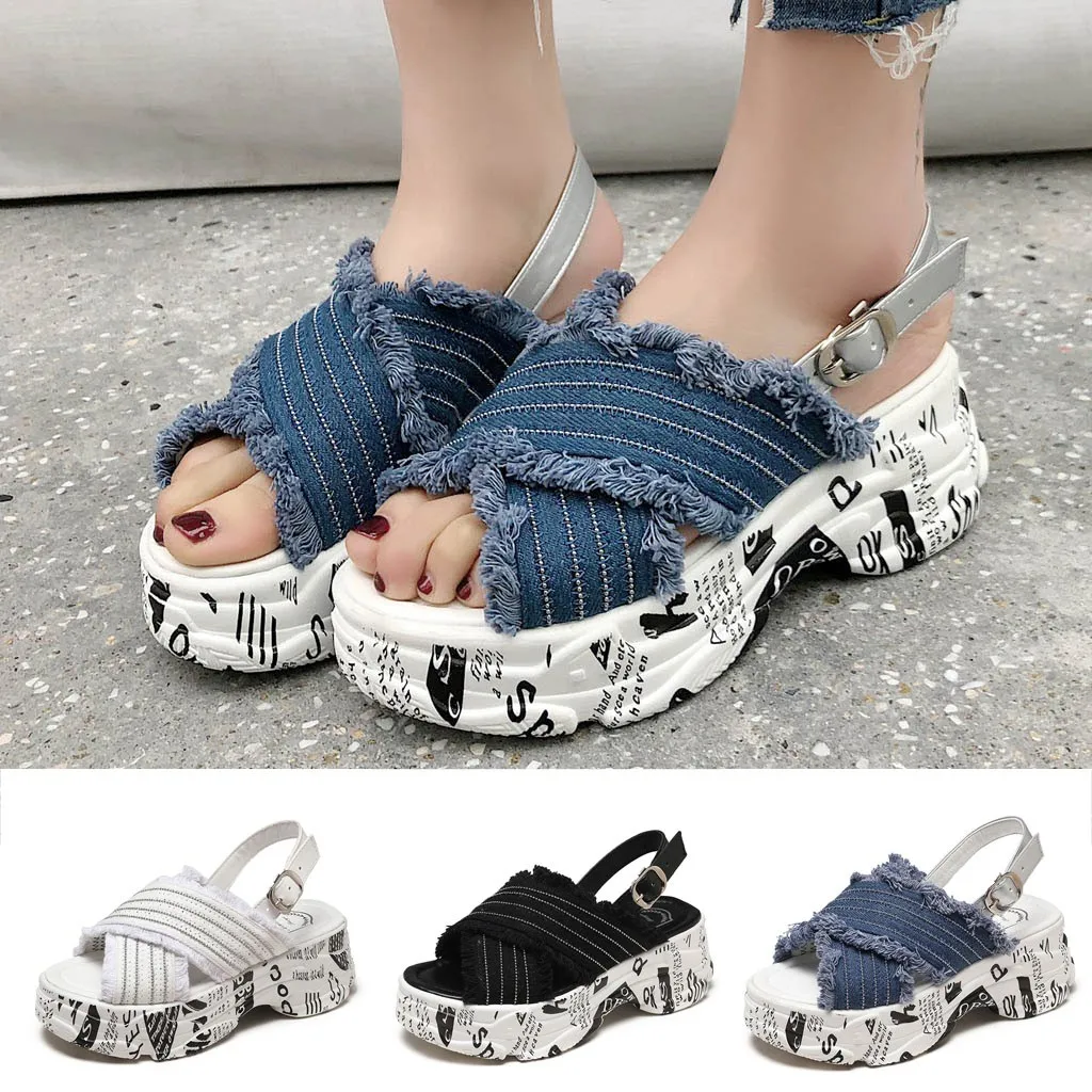 

Women Cross Belt Denim Wedges Muffins Thick Bottom Platform Sandals Slipper Gladiator shoes Open Toe Buckle Strap 7CM 3 colors