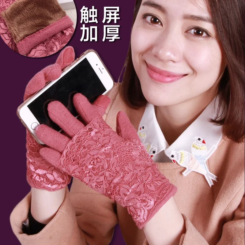 2017 New autumn winter women thick rose soft lining touch screen wool ladies driving warm gloves mittens | Аксессуары для одежды