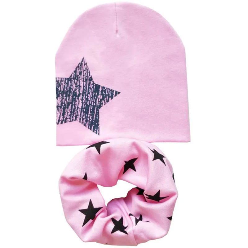 Pink one star set Новая осенне-зимняя детская шапка, комплект для мальчиков и девочек, шарф на шею, весенний теплый шейный платок, детские вязаные шапки, комплекты, хлопковая детская шапка, шарф - Цвет: Pink one star set