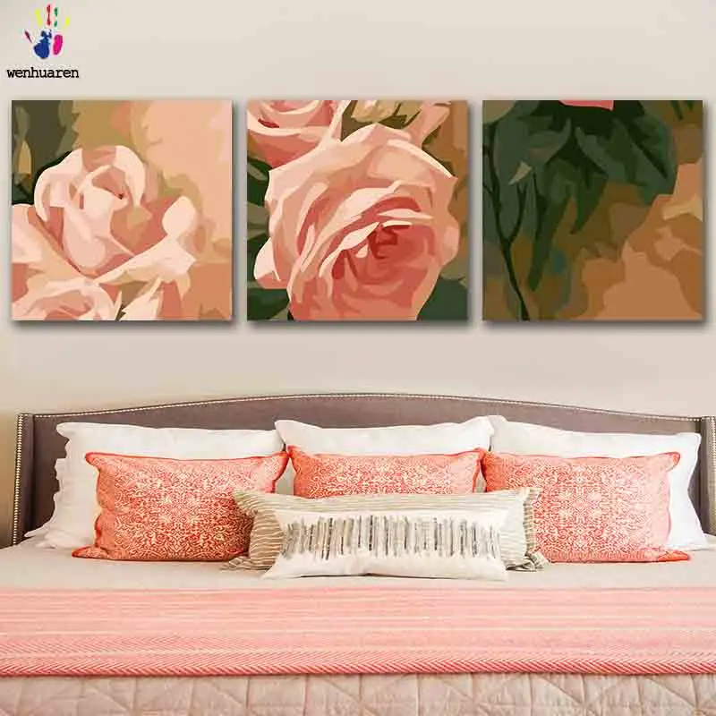 

DIY colorings pictures by numbers with colors Pink rose picture drawing painting by numbers framed Home decor three pieces