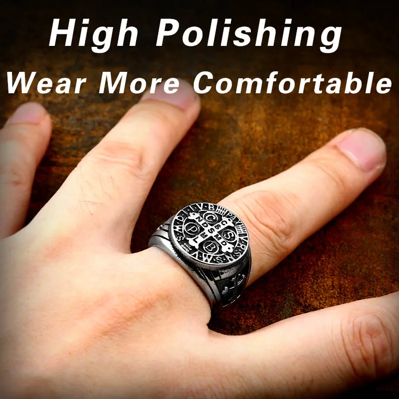 Beier 316L Stainless Steel Letter faith cross Jesus St. Benedict's Exorcism for men wholesale ring fashion jewelry LR623