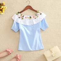 2019 Women Summer Blouse Sweet Slash Neck Floral Embroidery Lace Shirt Female Short Sleeve Mesh Blouses Blusas Short Tops AB1381 2