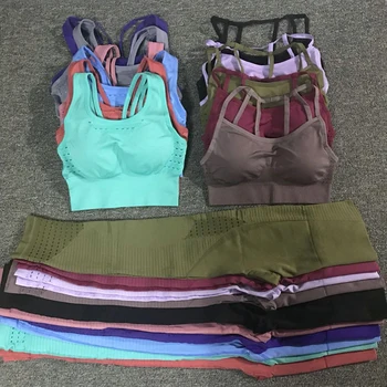 24 Color 2pc/Set Sports Suits Seamless Yoga Set Women Fitness Clothing Sportswear Gym Leggings Padded Push-up Strappy Sports Bra seamless genie sports bra with strappy back