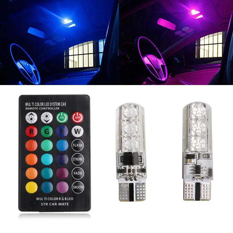 1 Set 2pcs RGB 5050 SMD LED Light Bulb T10 Auto Car Wedge Side Light Tail Lamp With Remote Controller 360 degree beam