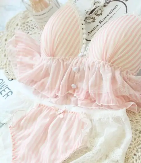 

100% Real Photo M L Lolita Sexy Cute Kawaii Striped Mesh Day Night Wireless Seamless Wire Free Bra Panties Set Bikini RB311